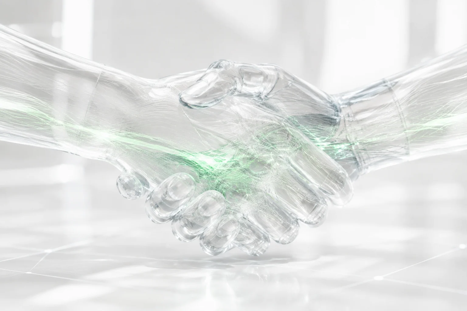 Stretta di mano digitale in vetro, simbolo di fiducia e collaborazione