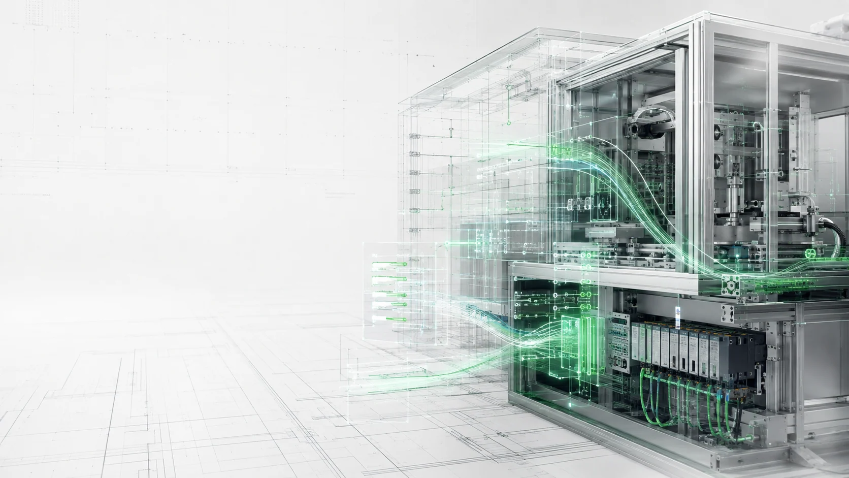 Macchina industriale trasparente attraversata da schemi tecnici e flussi di conoscenza