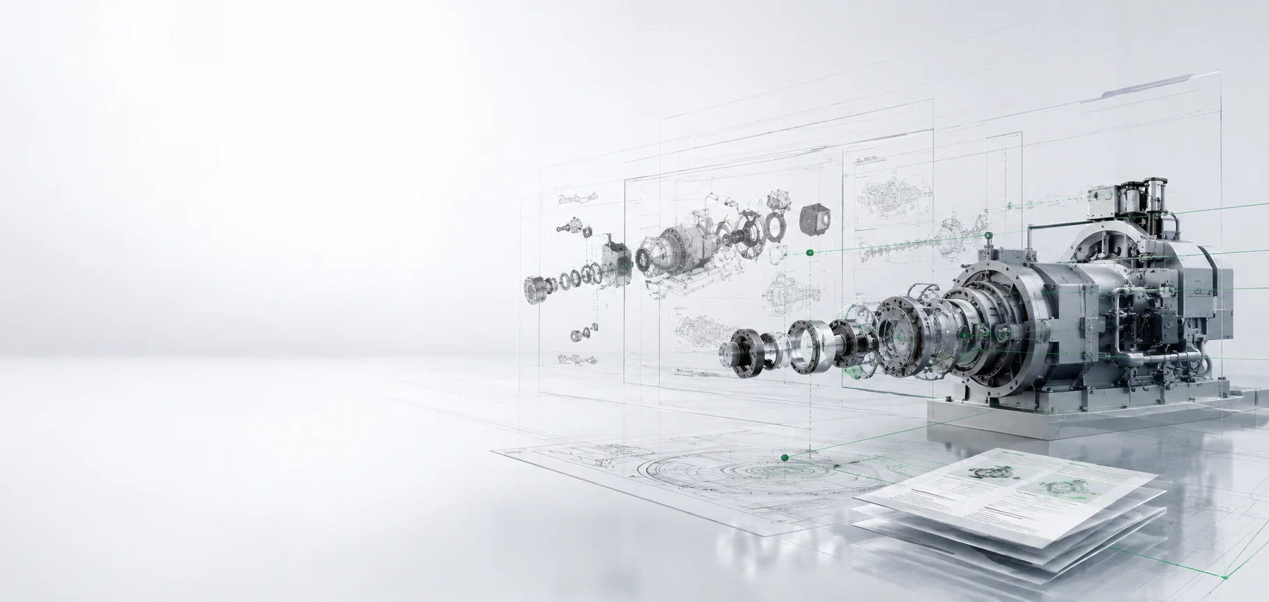 Industrial machinery coordinated with drawings, exploded views and technical documentation