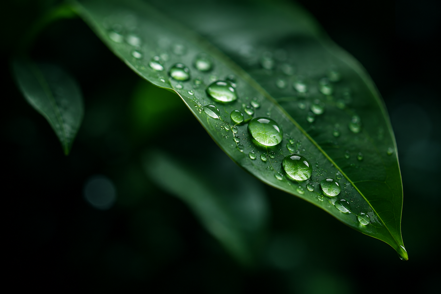 Foglia verde con gocce d’acqua, simbolo di sostenibilità