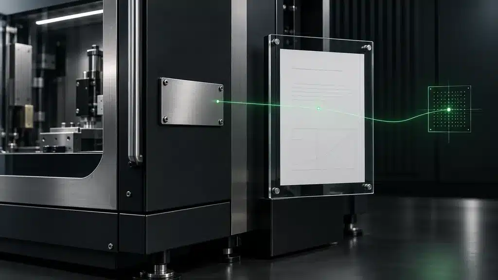 Targhetta identificativa e dichiarazione tecnica collegate a un sistema digitale su una macchina industriale