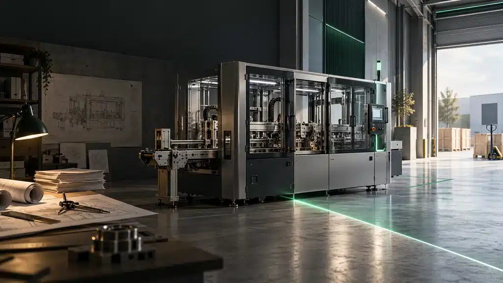 Completed industrial machine crossing a luminous threshold between technical documentation and the delivery area