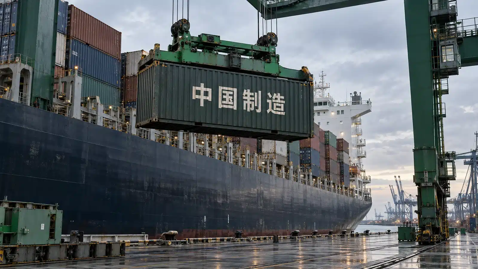 Nave portacontainer durante lo scarico di un container con scritta cinese